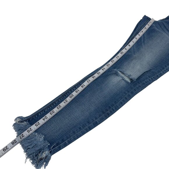 Express Jeans Cropped Distressed Midrise Denim Leggings SZ 6 Frayed Hem Stretch - Picture 7 of 13